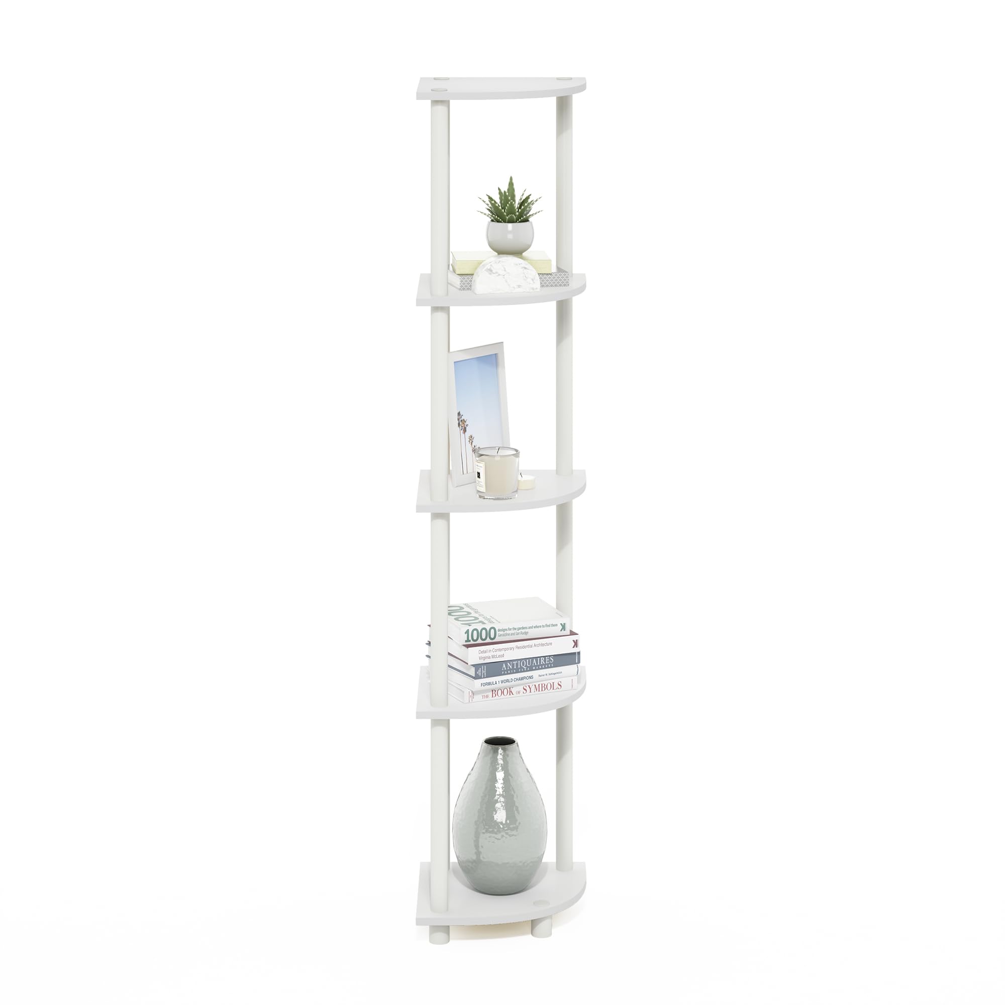 Furinno shelf with books for scale showing five-tier capacity and practical sizing