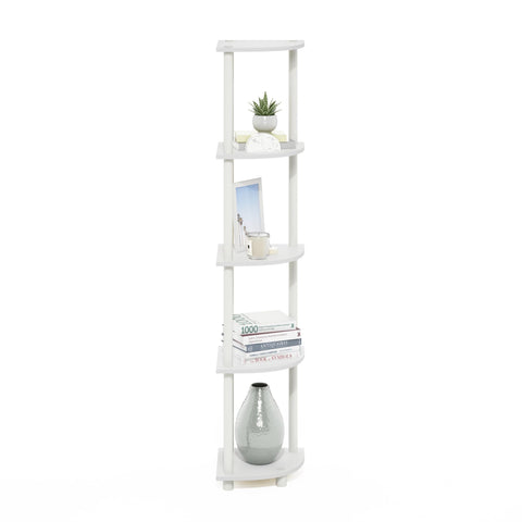 Furinno shelf with books for scale showing five-tier capacity and practical sizing