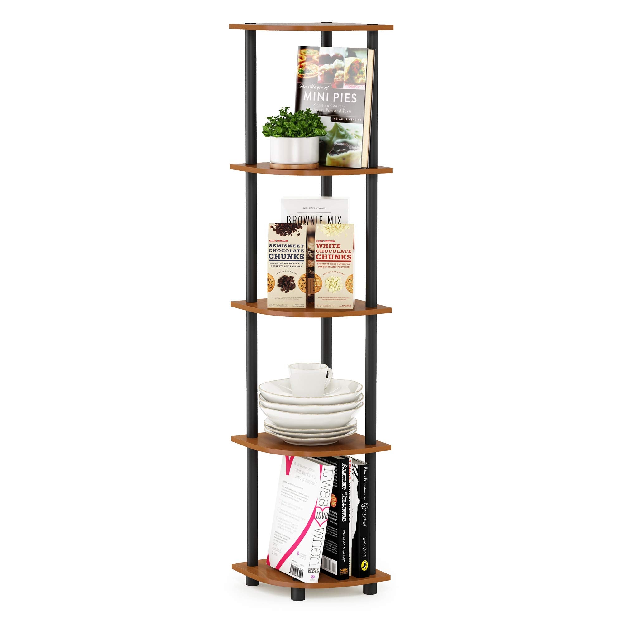 Furinno shelf next to a chair showing slim footprint and scale benefit