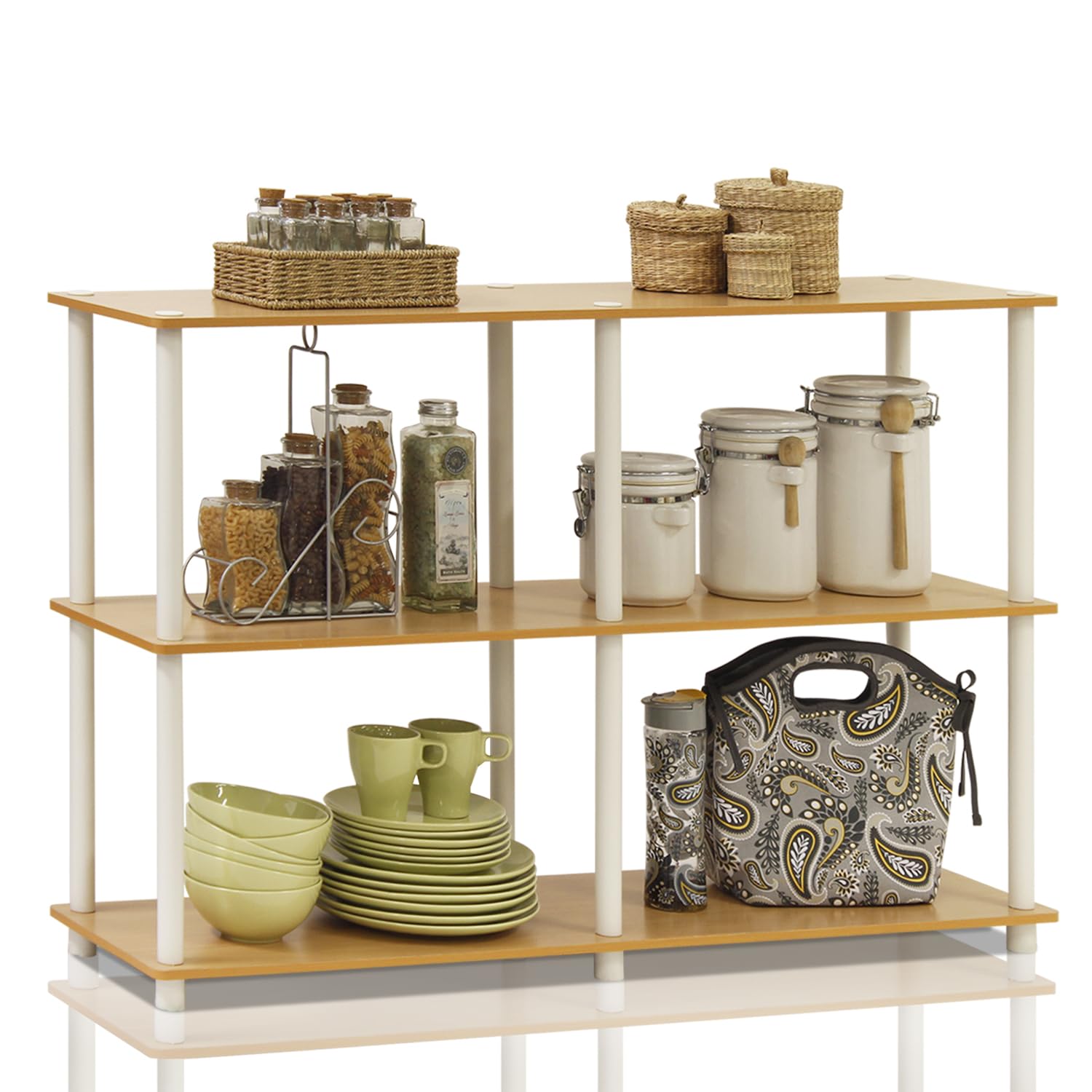 Furinno shelf holding woven baskets demonstrating flexible storage benefit