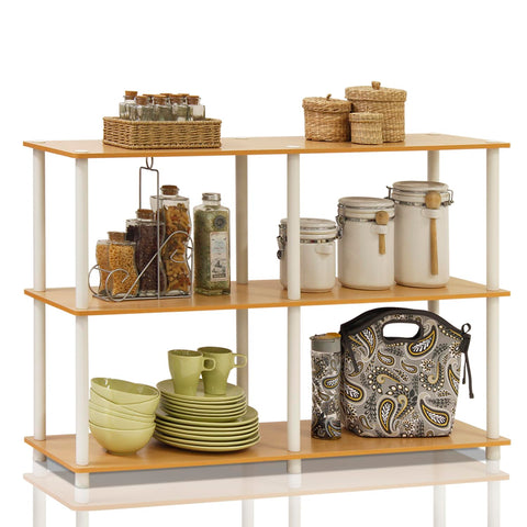 Furinno shelf holding woven baskets demonstrating flexible storage benefit