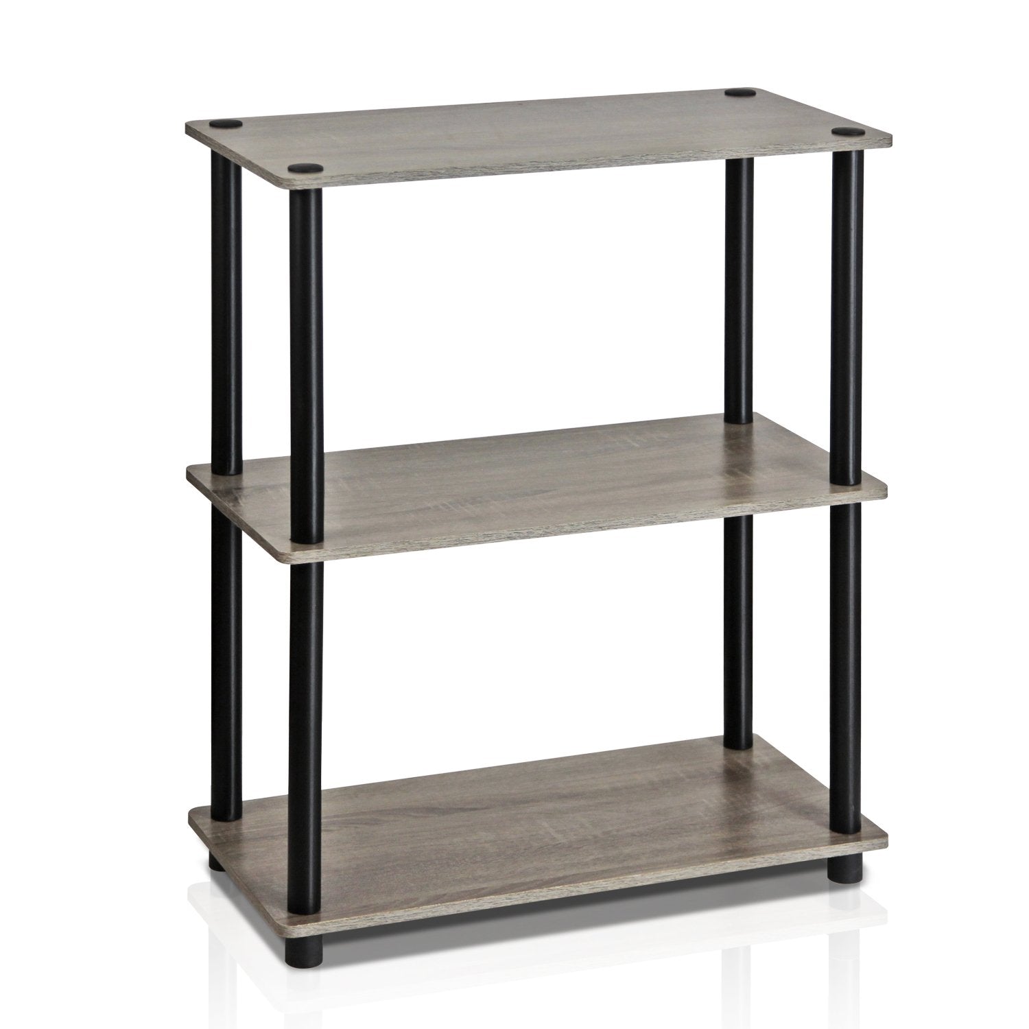 Furinno shelf beside chair for scale showing compact footprint benefit