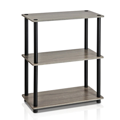 Furinno shelf beside chair for scale showing compact footprint benefit