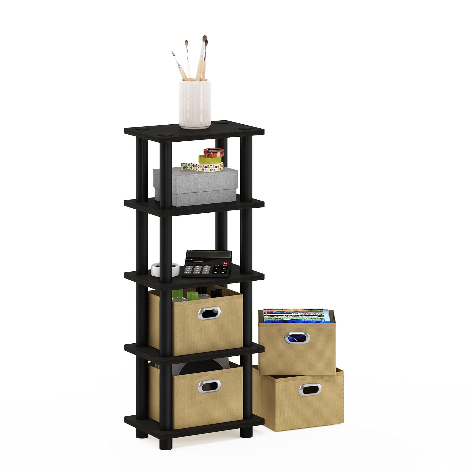 Furinno shelf beside everyday items showing compact size and scale