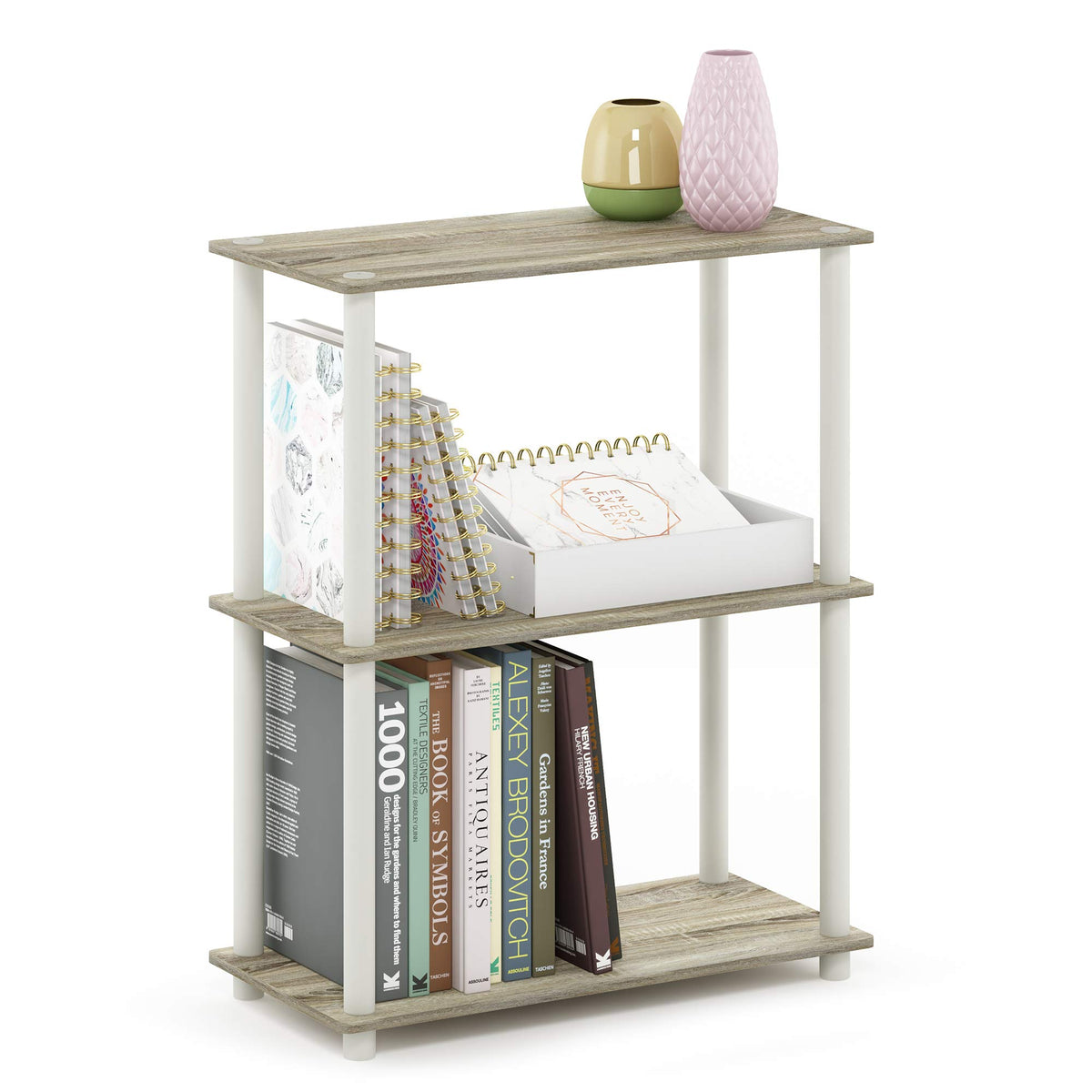 Furinno Sonoma Oak front view showing compact three-tier storage and tidy organization