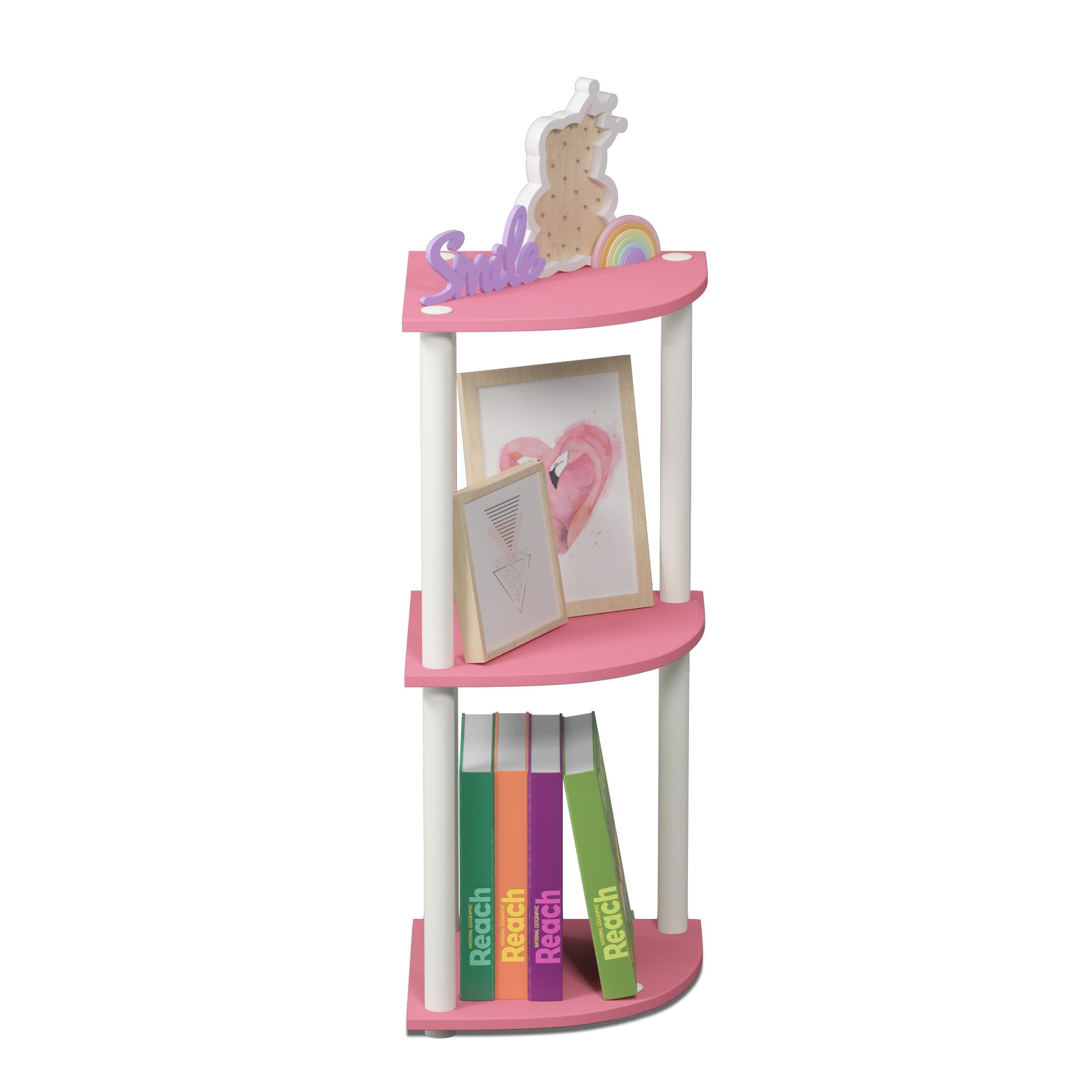 Furinno shelf styled with books and plant showing attractive display benefit