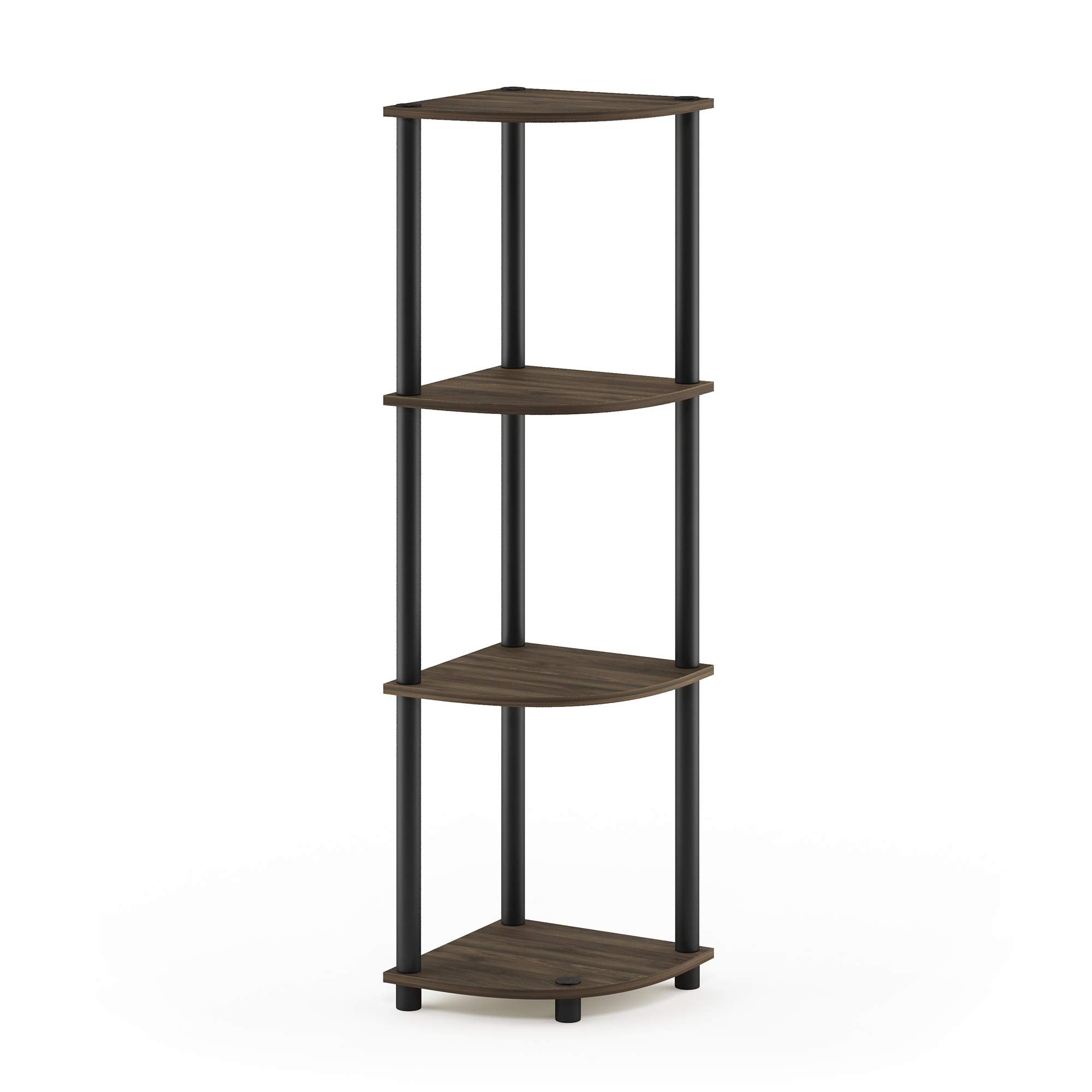 Furinno front view of 4-tier corner shelf showing compact footprint and display benefit
