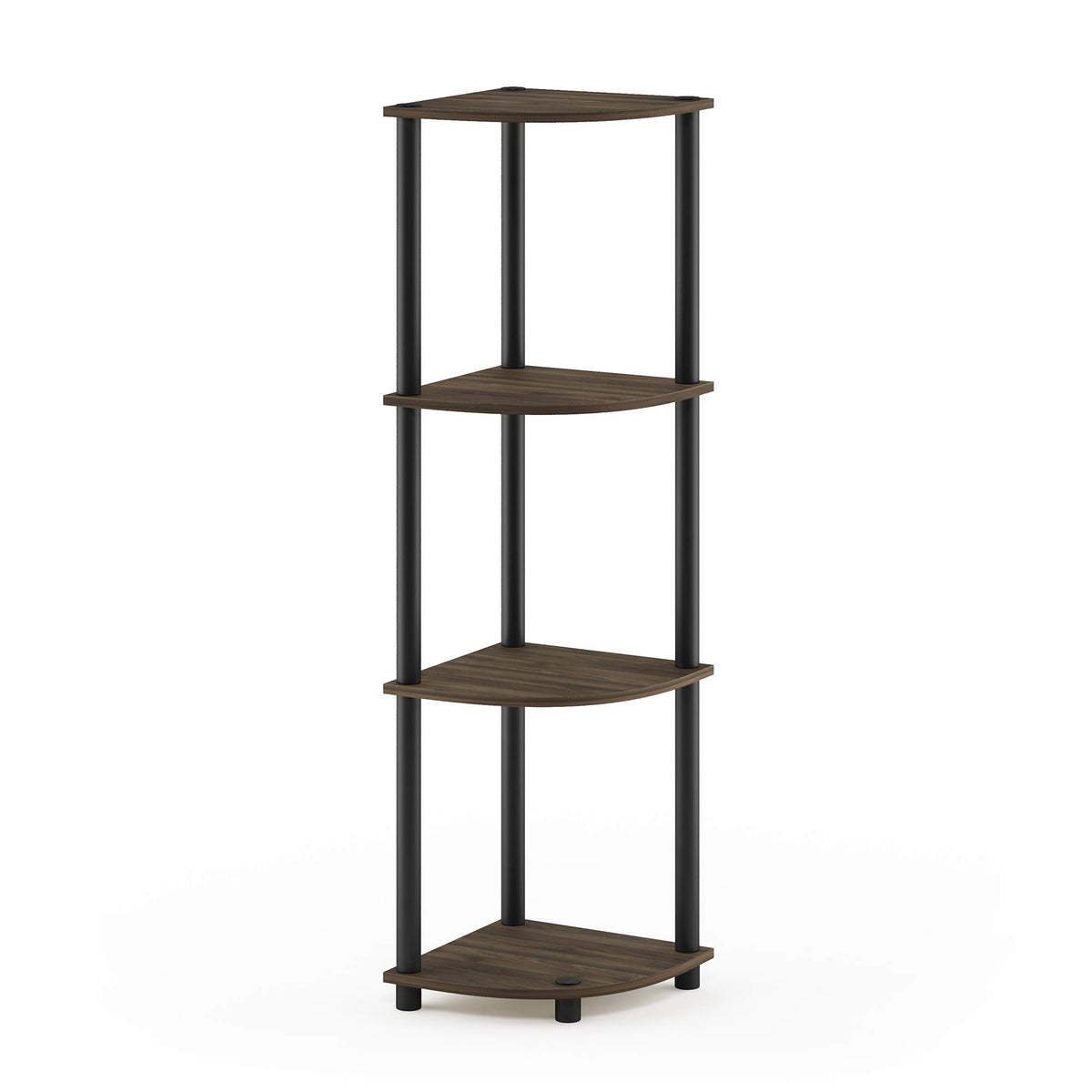 Furinno front view of 4-tier corner shelf showing compact footprint and display benefit