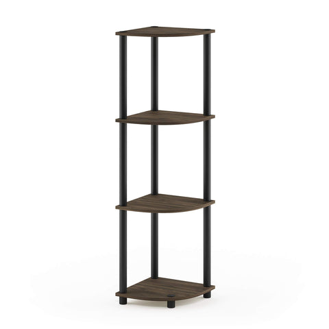Furinno front view of 4-tier corner shelf showing compact footprint and display benefit