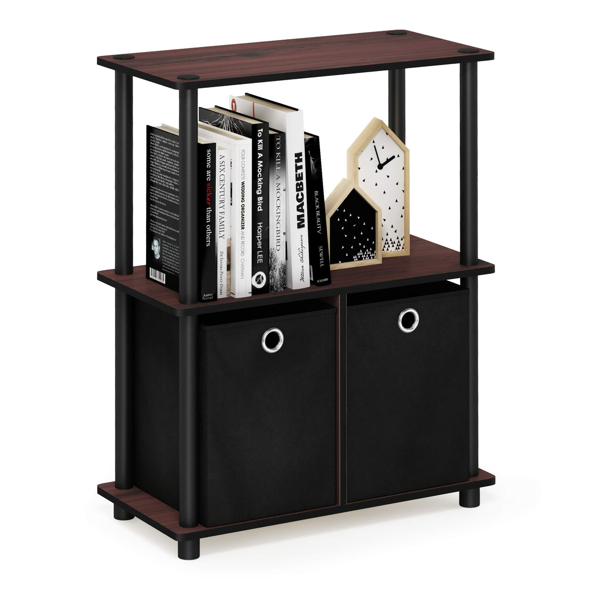 Furinno front view of 3-tier shelf showing compact dark cherry storage benefit