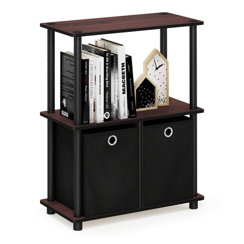Furinno front view of 3-tier shelf showing compact dark cherry storage benefit