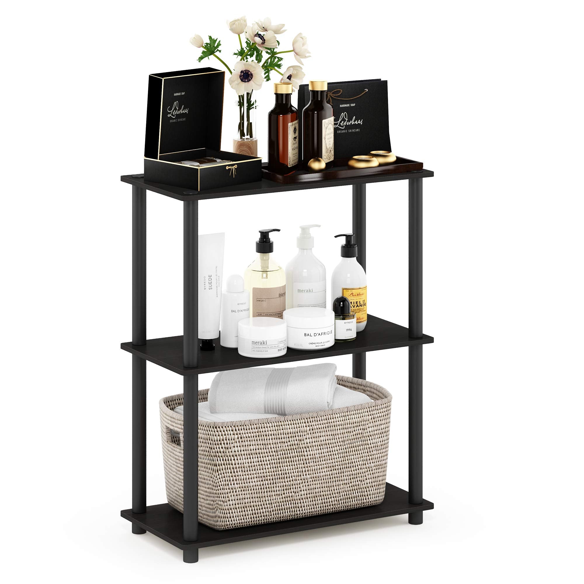 Furinno front view of 3-tier espresso shelf showing compact storage benefit
