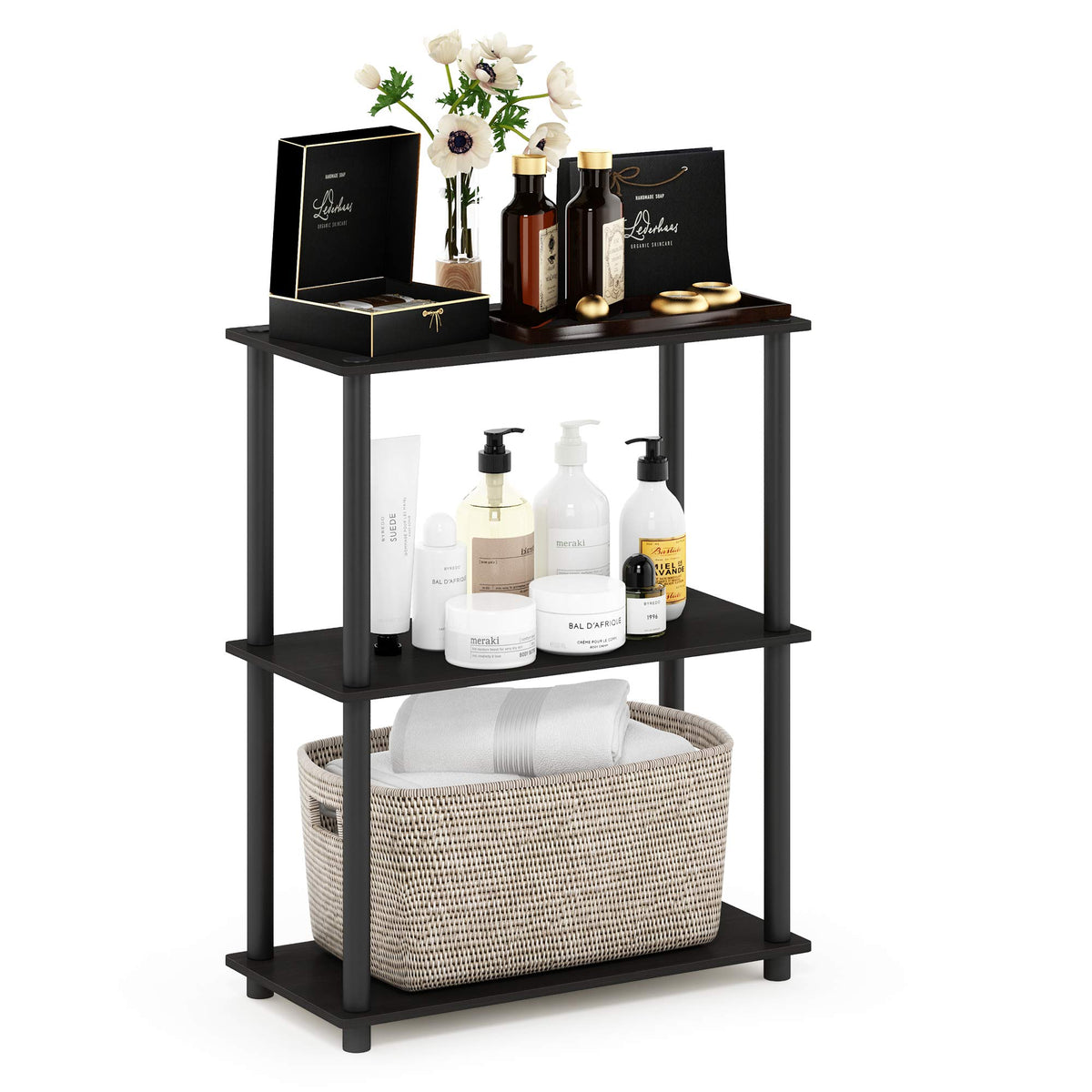 Furinno front view of 3-tier espresso shelf showing compact storage benefit