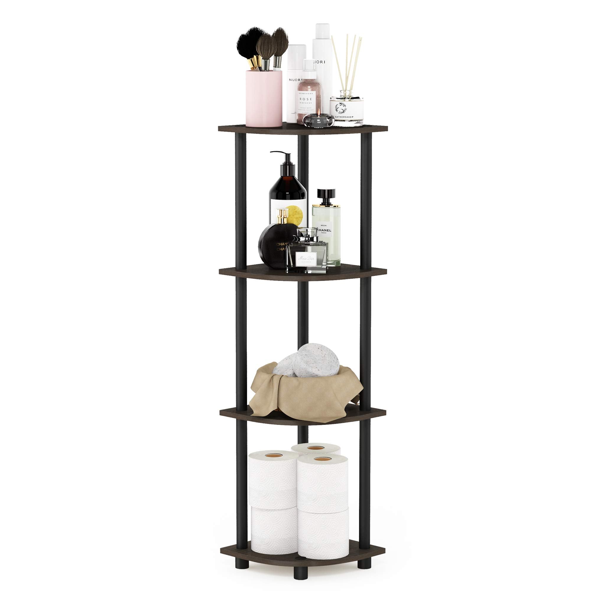 Furinno front view of 4-tier corner shelf showing compact footprint and storage benefit