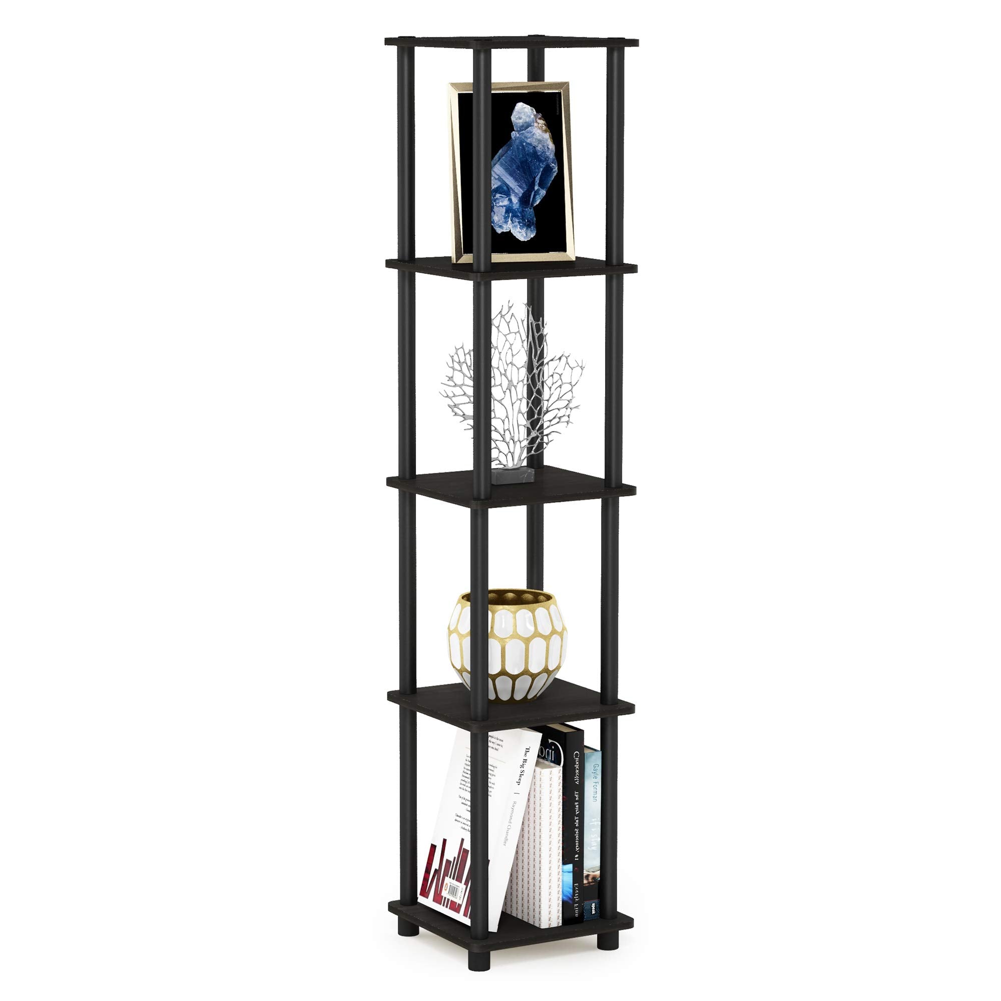 Furinno front view of espresso 5-tier shelf showing compact corner storage benefit