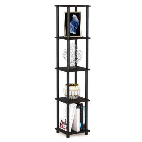 Furinno front view of espresso 5-tier shelf showing compact corner storage benefit