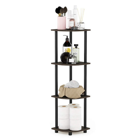Furinno front view of 4-tier corner shelf showing compact footprint and storage benefit