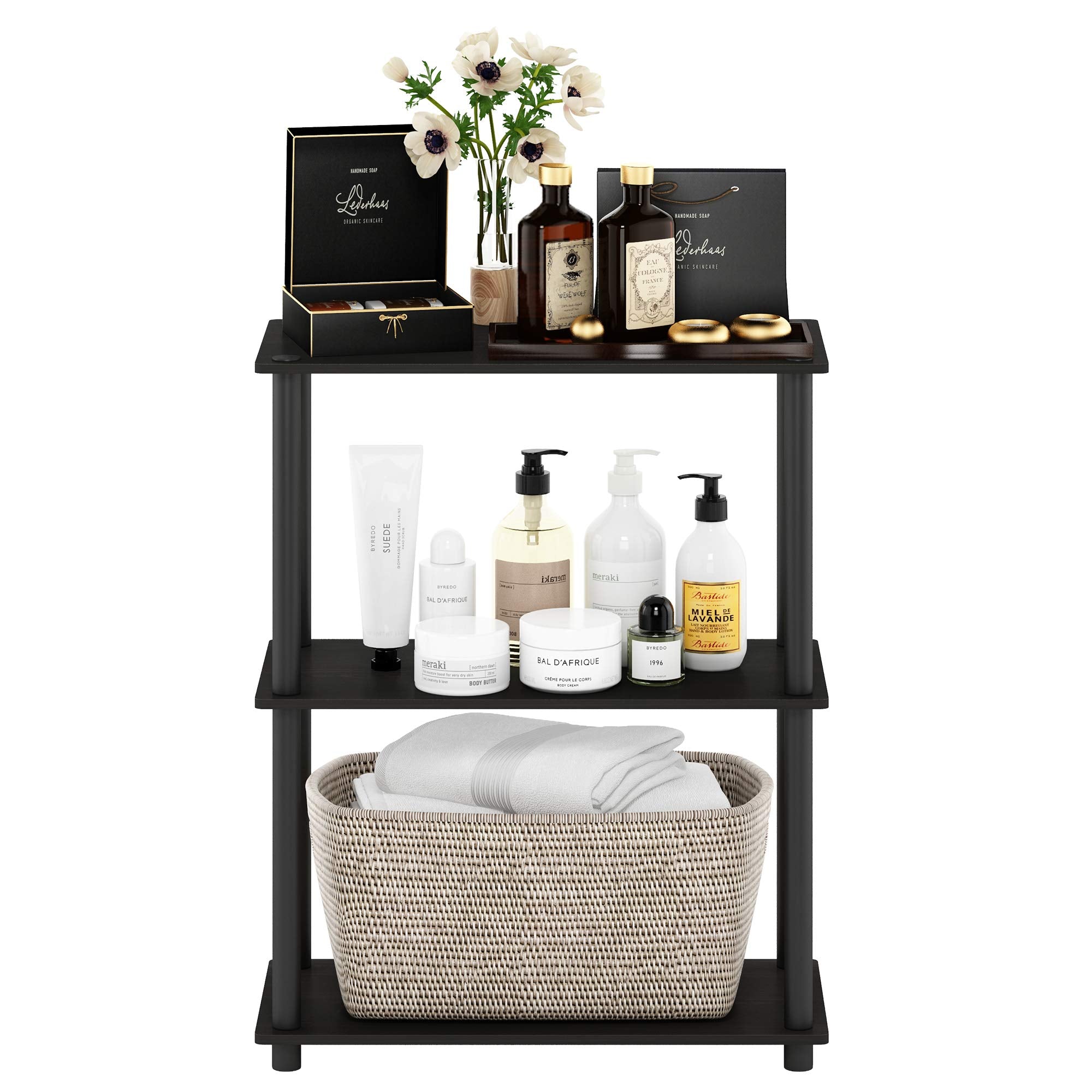 Furinno shelf placed in a room corner demonstrating space-saving benefit
