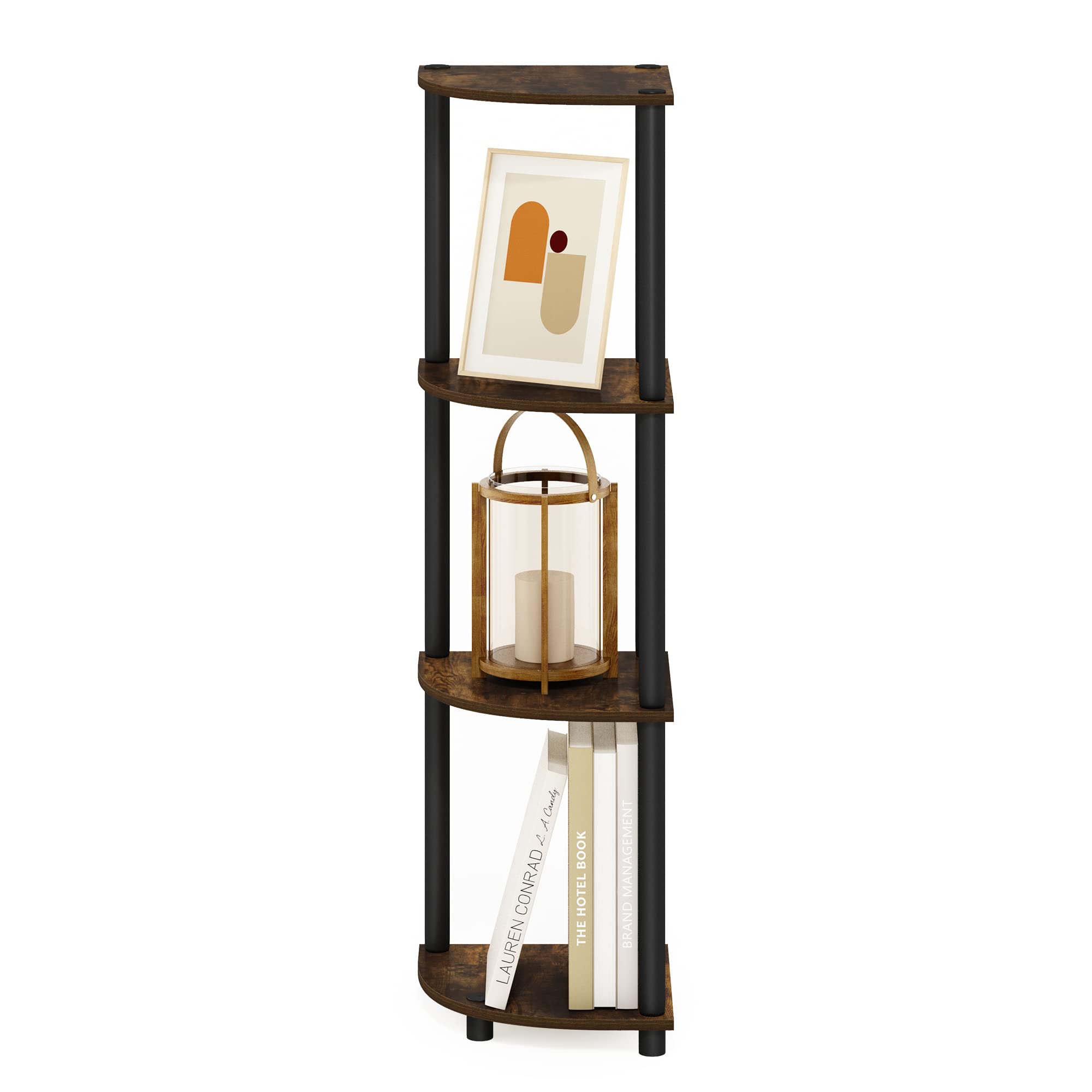 Furinno corner shelf styled with plants and books to demonstrate decorative display benefit