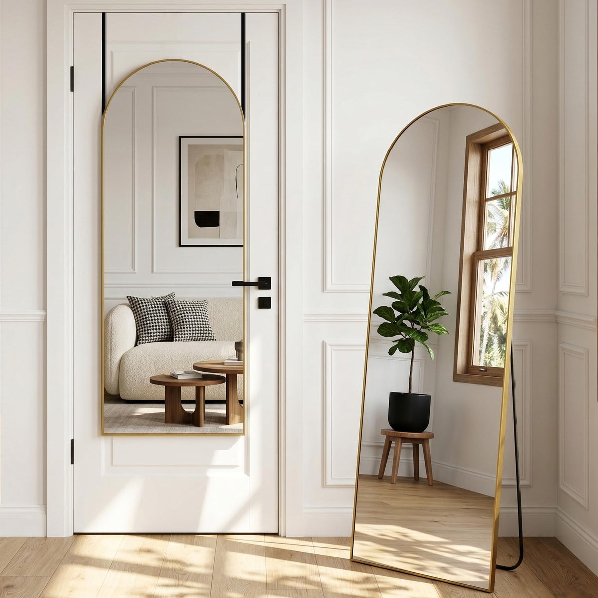 Furnbar arched mirror front view showing full-length reflection and stylish gold finish