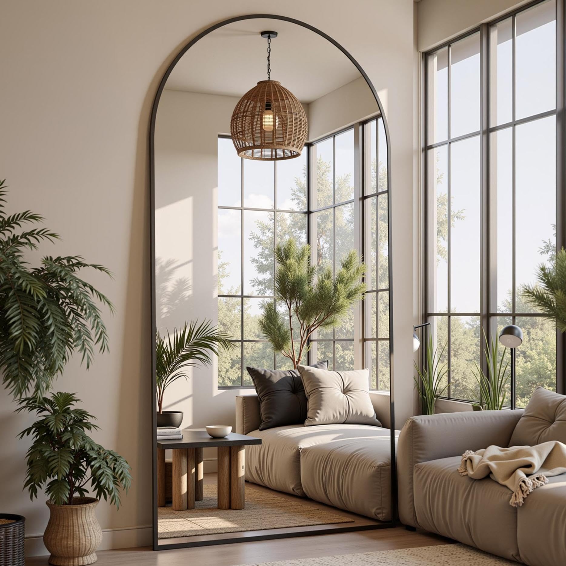 Furnbar arched full-length mirror front view showing elegant silhouette and room benefit