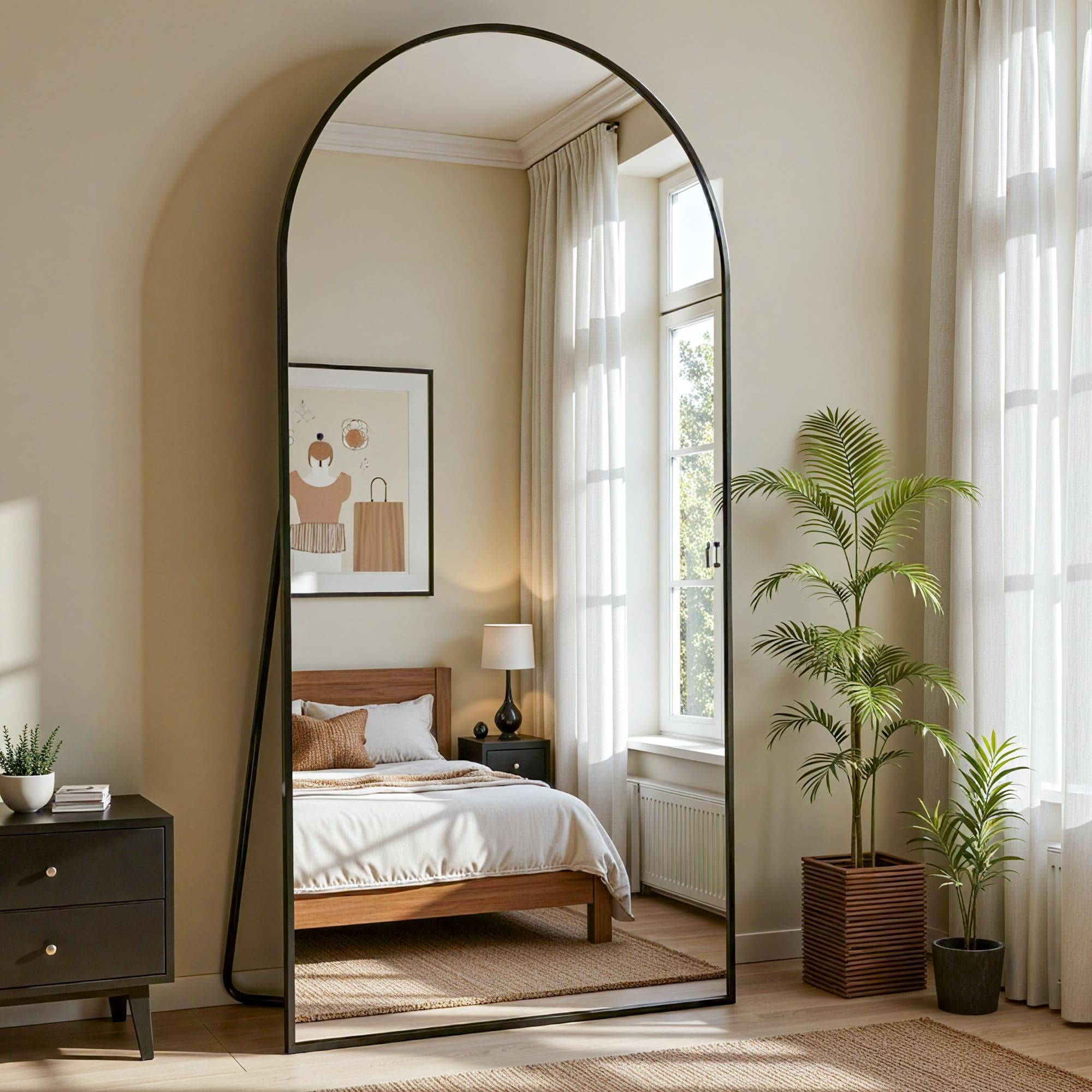 Furnbar mirror leaning in a styled bedroom to enhance space and reflect light