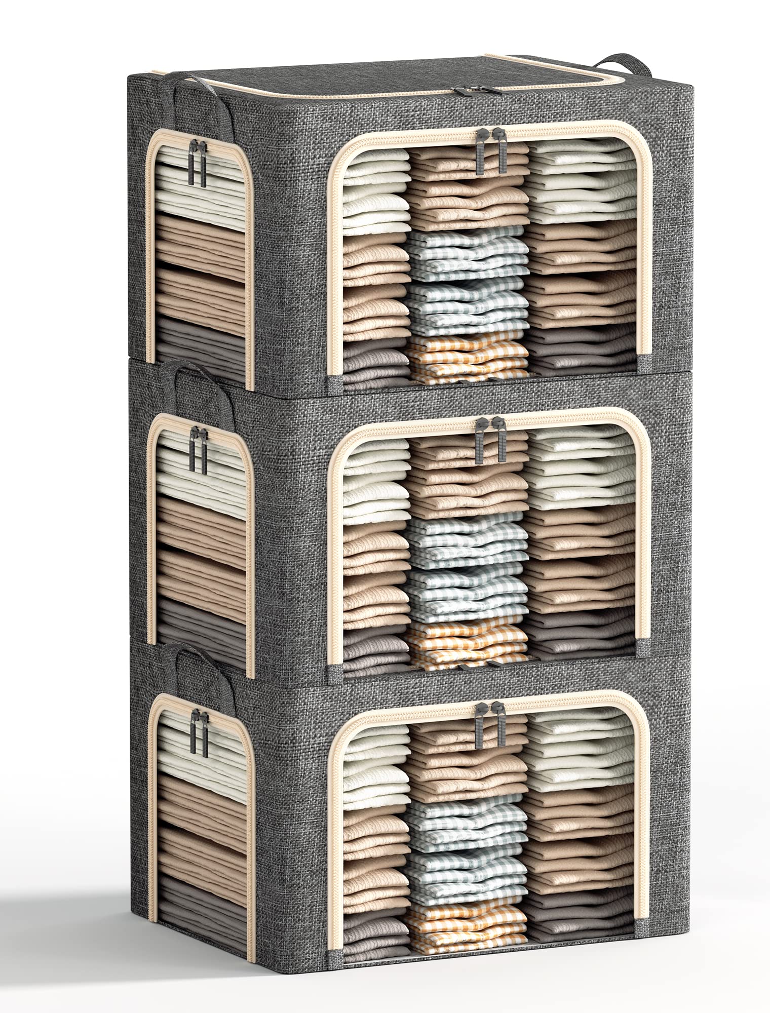 Furnhome front view showing three dark grey bins stacked for neat storage