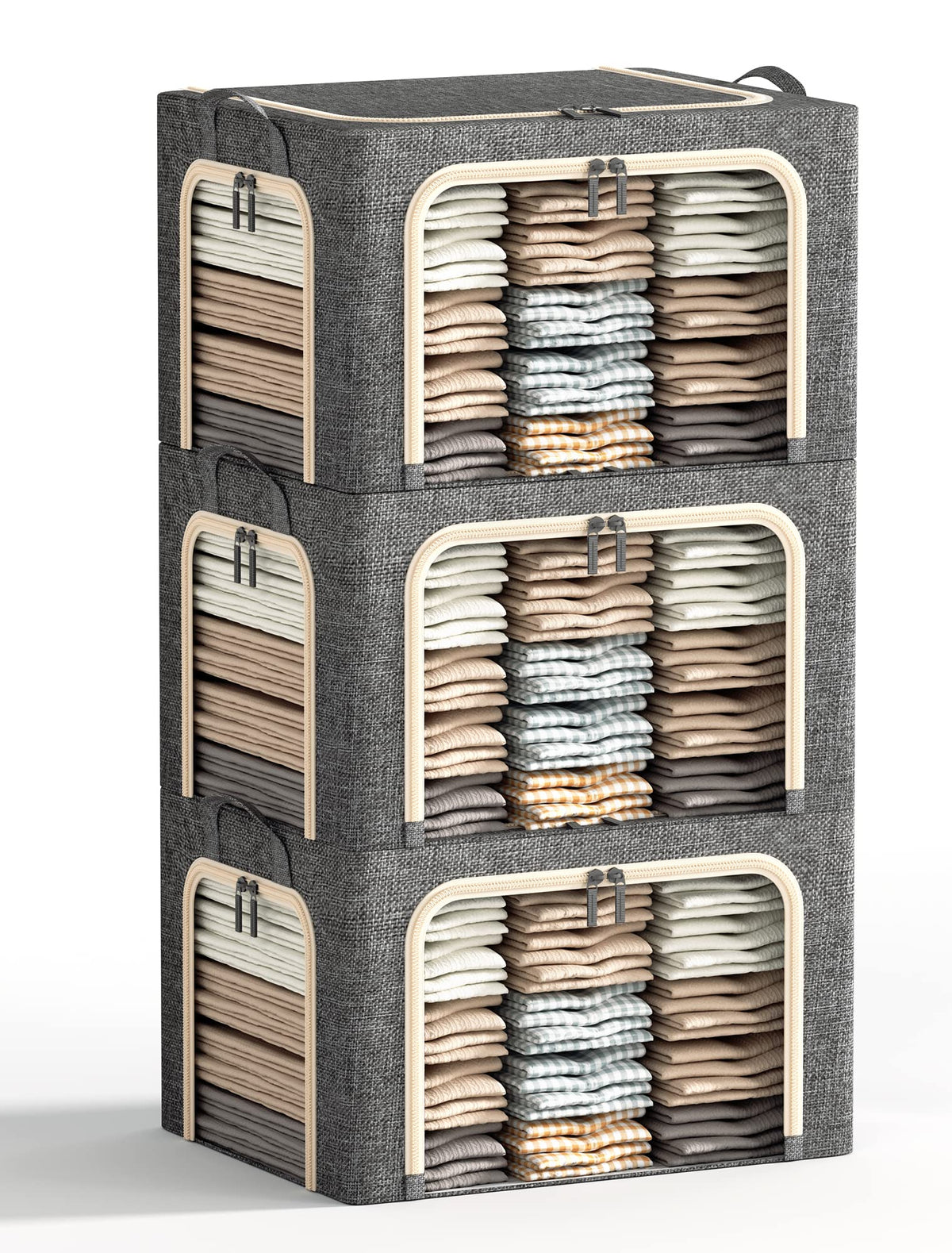 Furnhome front view showing three dark grey bins stacked for neat storage