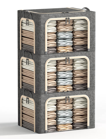 Furnhome front view showing three dark grey bins stacked for neat storage