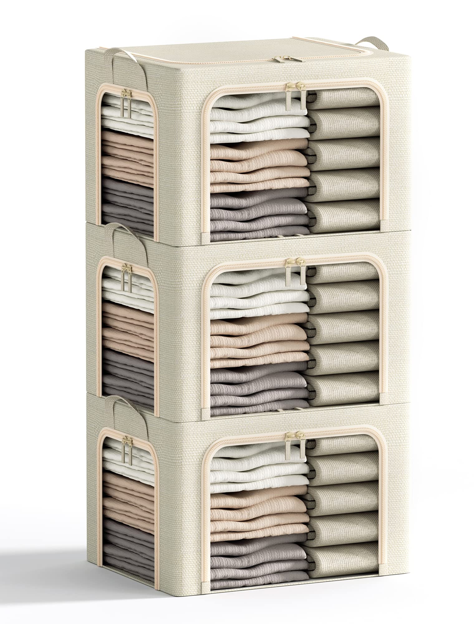 Furnhome front view of 3-opening beige bin showing compartments and tidy storage benefit