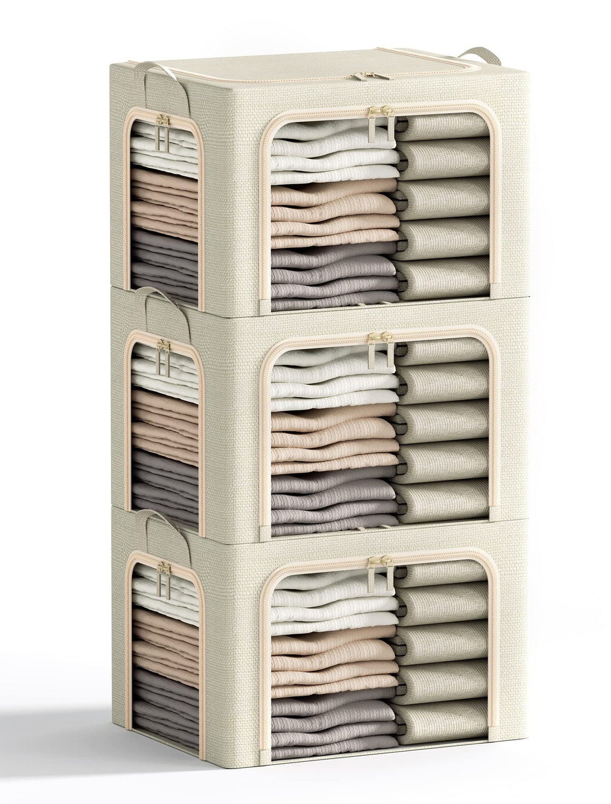 Furnhome front view of 3-opening beige bin showing compartments and tidy storage benefit