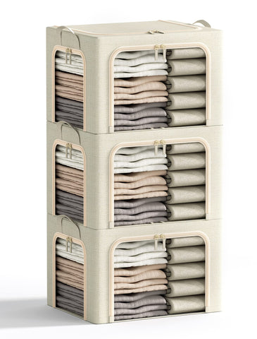 Furnhome front view of 3-opening beige bin showing compartments and tidy storage benefit