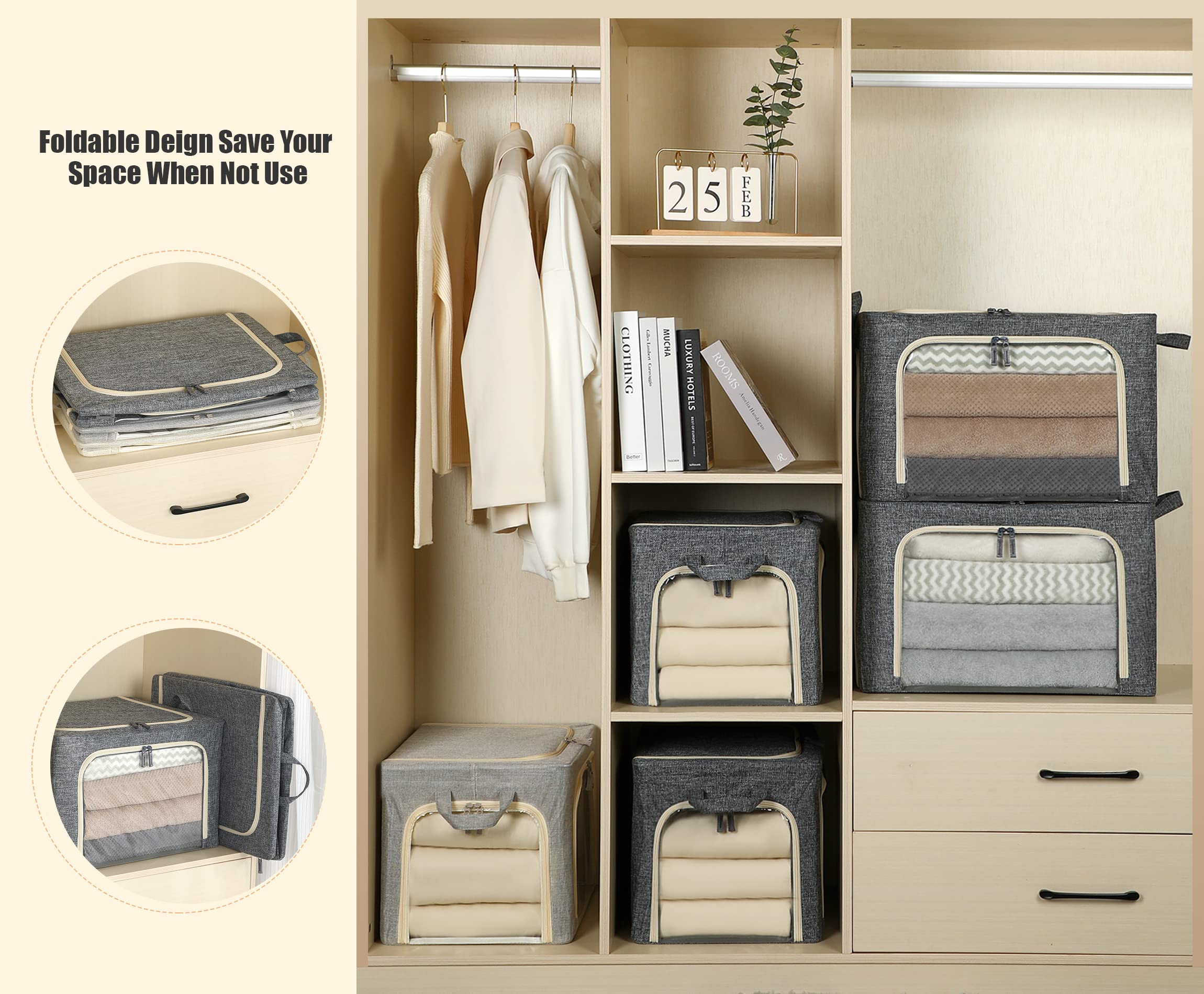 Furnhome bins in closet demonstrating organized seasonal clothing storage