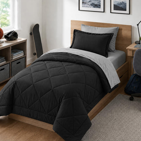 Furnishh front view of twin comforter showing coordinated black and grey look and easy styling