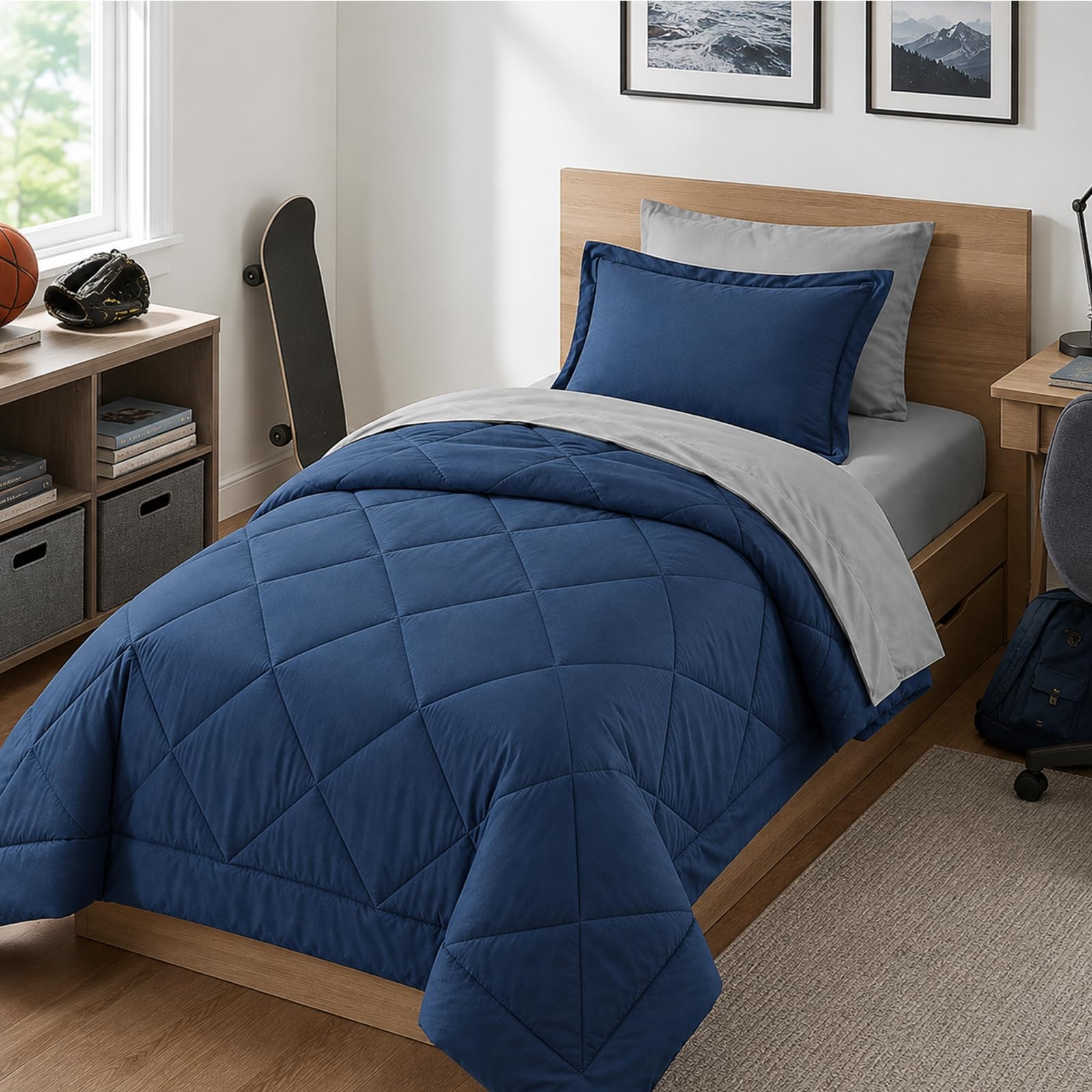 Furnishh twin comforter front view showing navy and grey reversible benefit