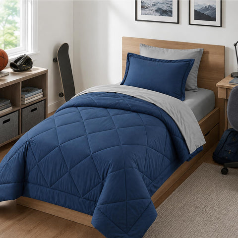 Furnishh twin comforter front view showing navy and grey reversible benefit