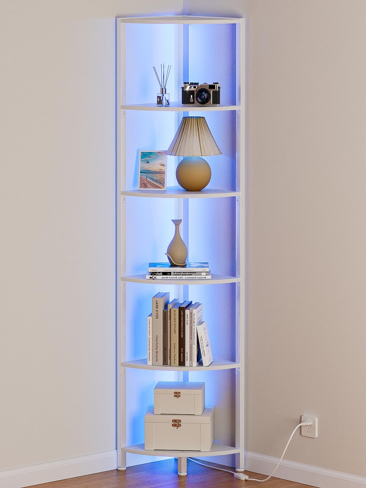 Furnulem corner shelf front view showing slim white profile and six tiers, maximizes storage