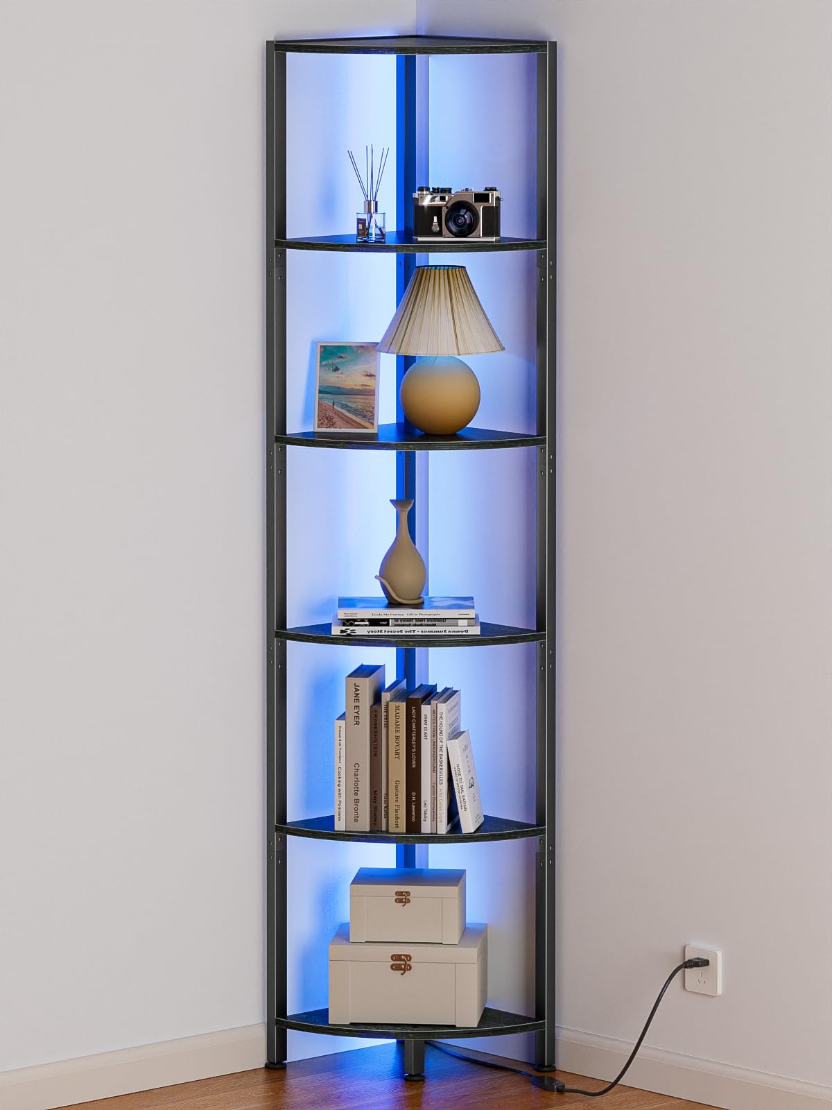 Furnulem corner shelf front view showing sleek black profile and six tiers for space-saving storage
