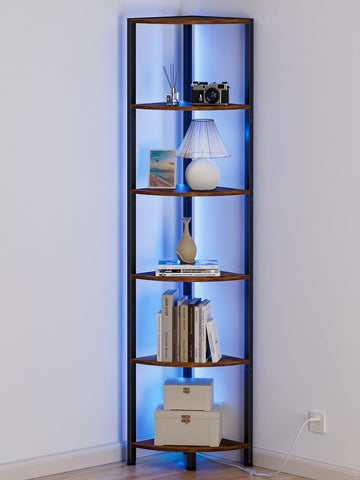 Furnulem front view of 6-tier corner shelf showing slim profile and lighting benefit