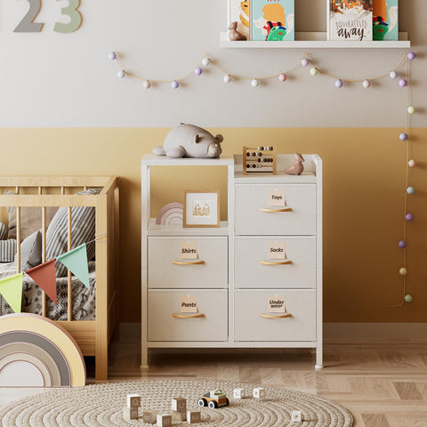 Furnulem dresser one drawer pulled open revealing organized garments and usable interior space