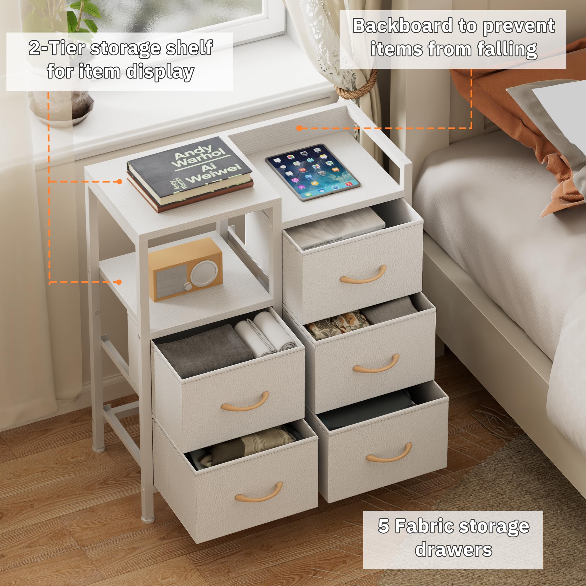 Furnulem dresser next to a chair for scale to illustrate compact footprint and fit