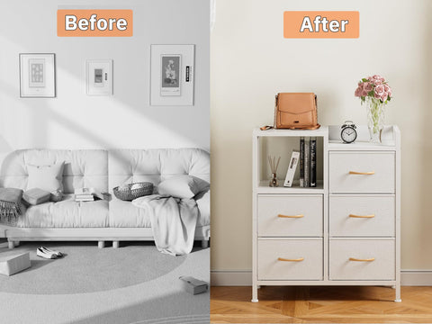 Furnulem dresser two open shelves styled with books and decor for quick access and display
