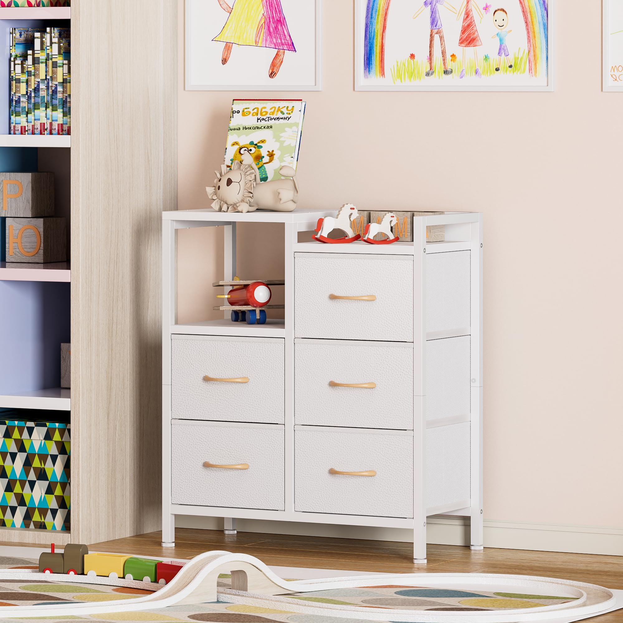 Furnulem dresser wooden top close-up highlighting durable water-resistant surface for heavier items