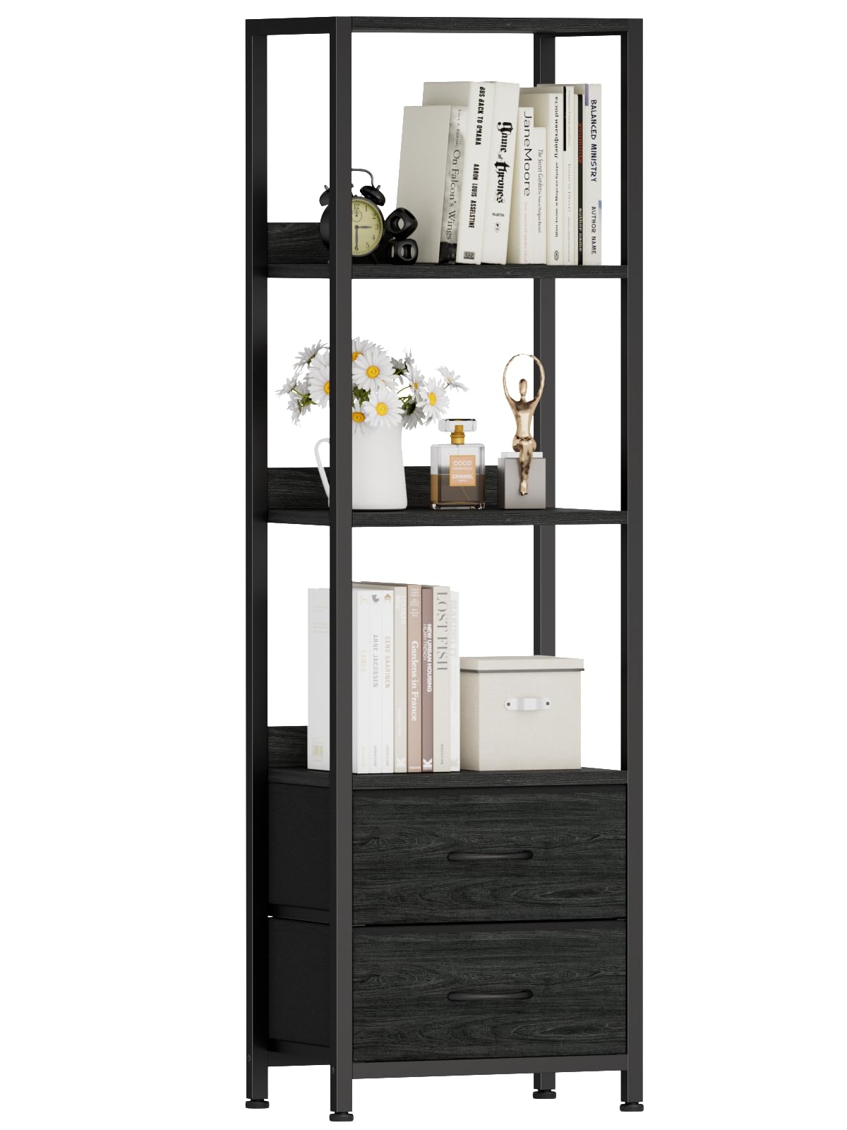 Furnulem front view of full shelf showing organized storage benefit