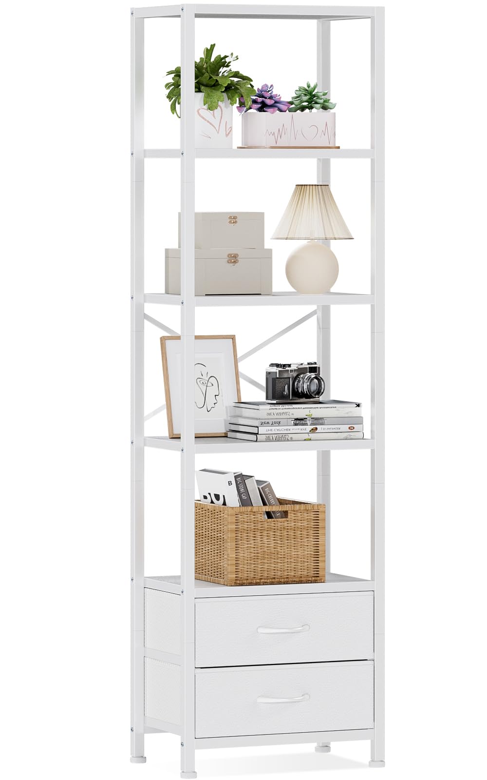 Furnulem front view of white corner shelf showing storage and display benefits