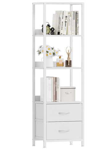 Furnulem front view of white corner shelf showing compact footprint and storage