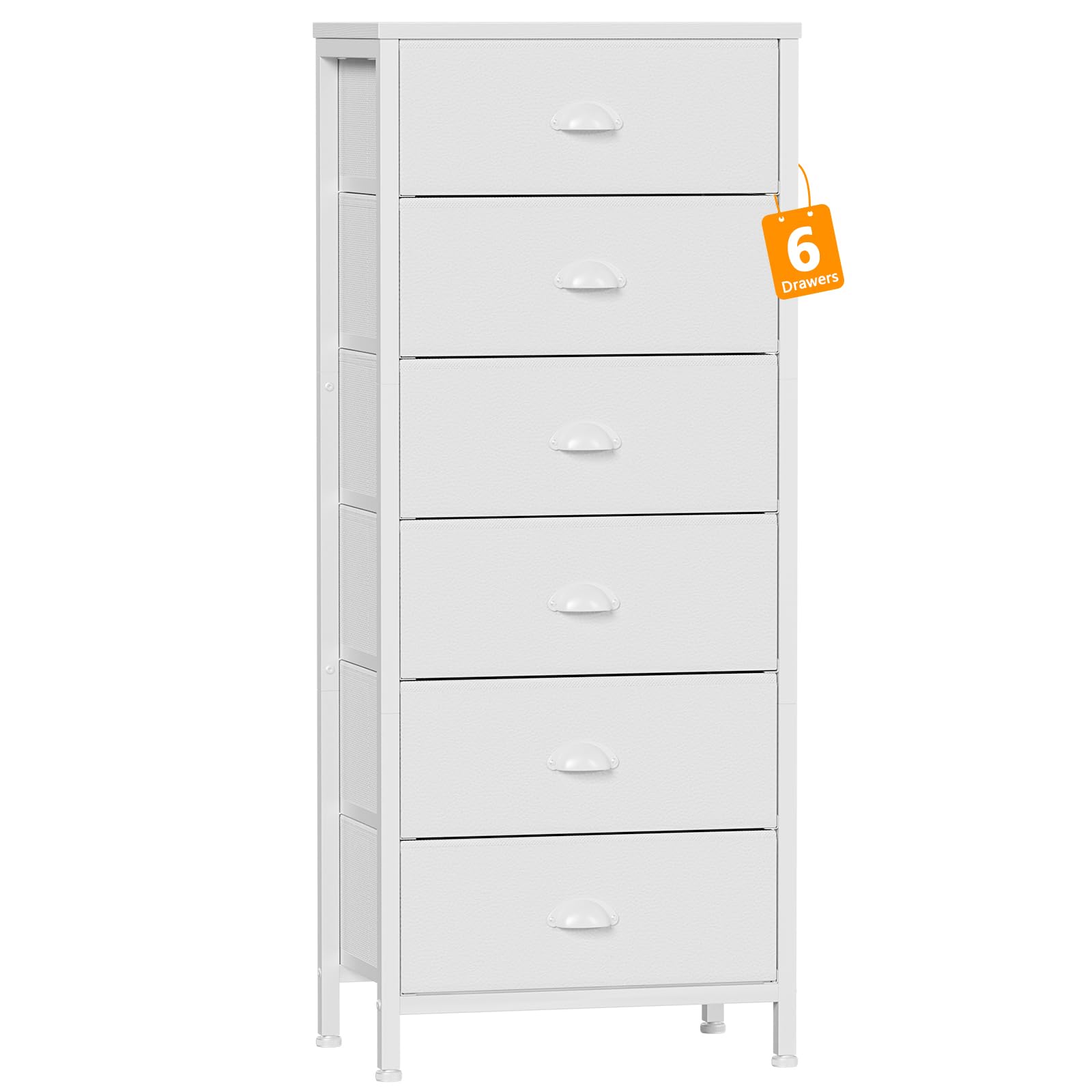 Furnulem front view of white 6-drawer dresser showing compact design and neat storage