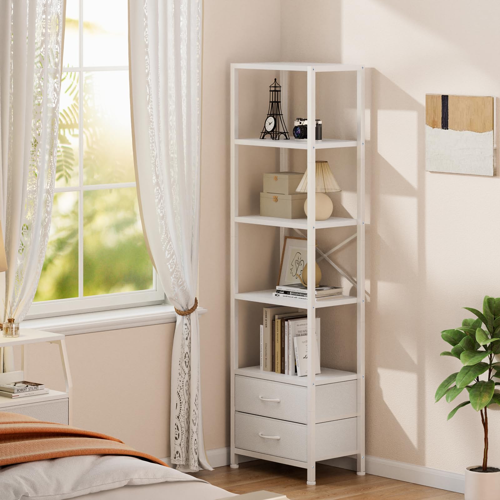 Furnulem narrow shelf in kitchen showing efficient vertical storage
