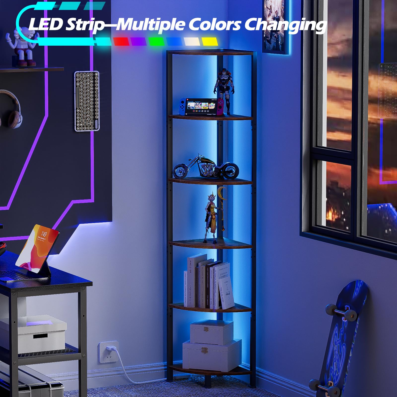 Furnulem shelf placed in a living room corner providing space-saving display benefit