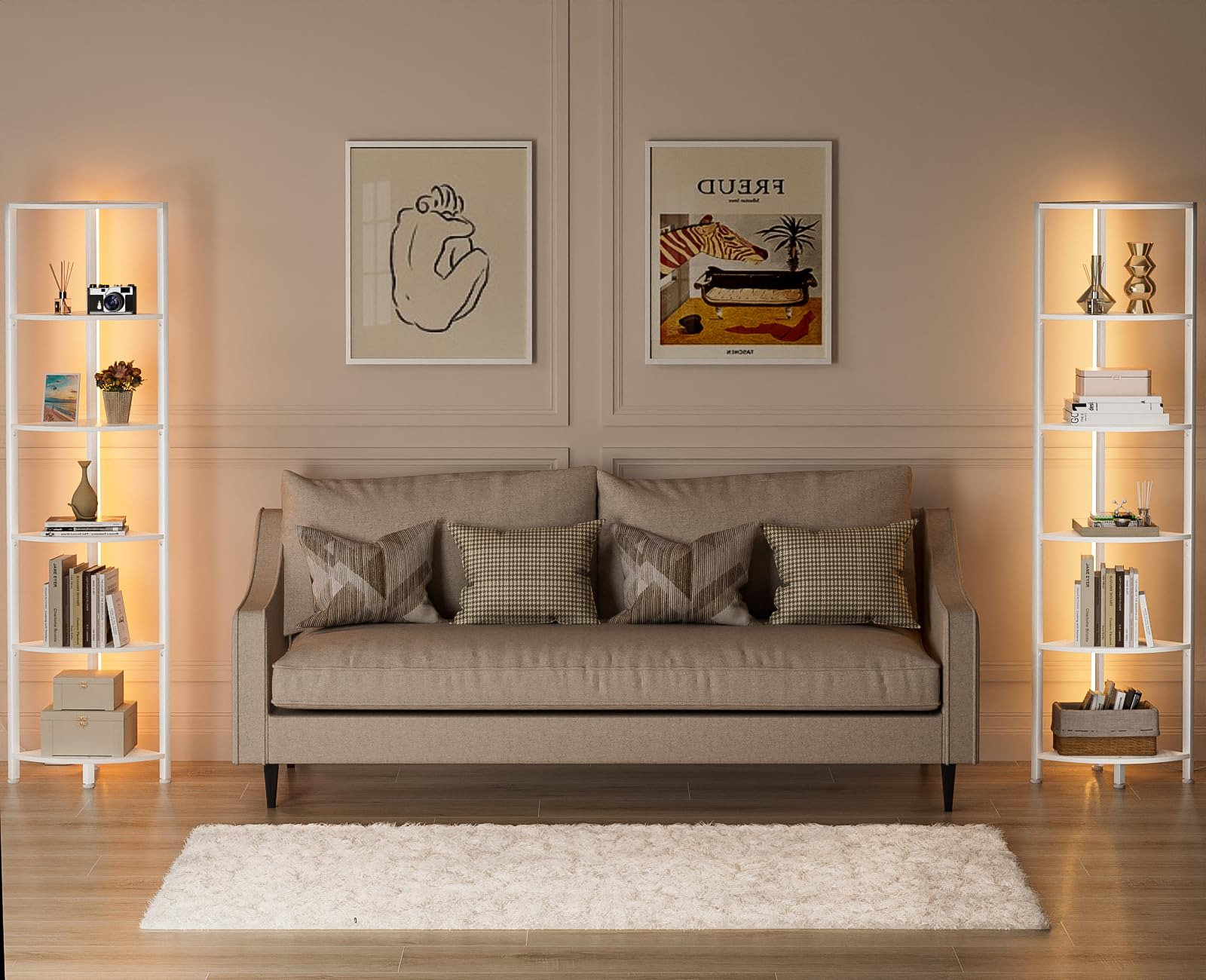 Furnulem shelf next to sofa size comparison showing narrow footprint advantage